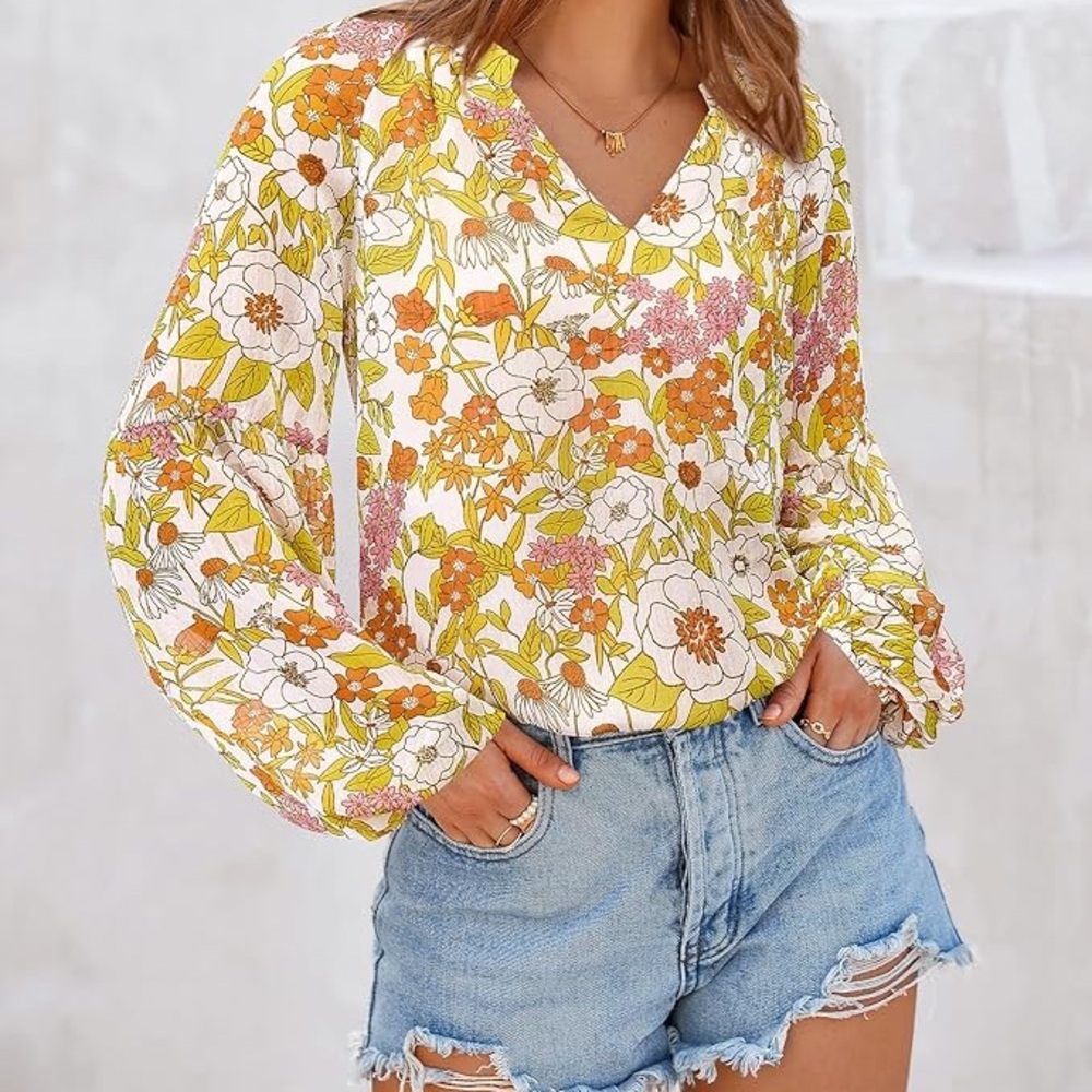 Floral lined Chiffon Blouse - yellow-Orange